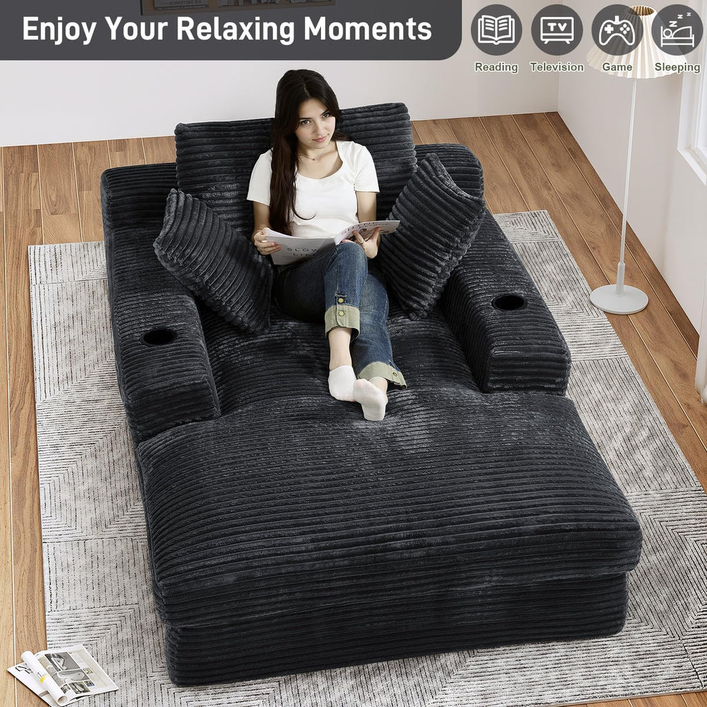 75.9"D Oversized Chaise Lounge Chair Indoor with Cup Holders,Dark Grey