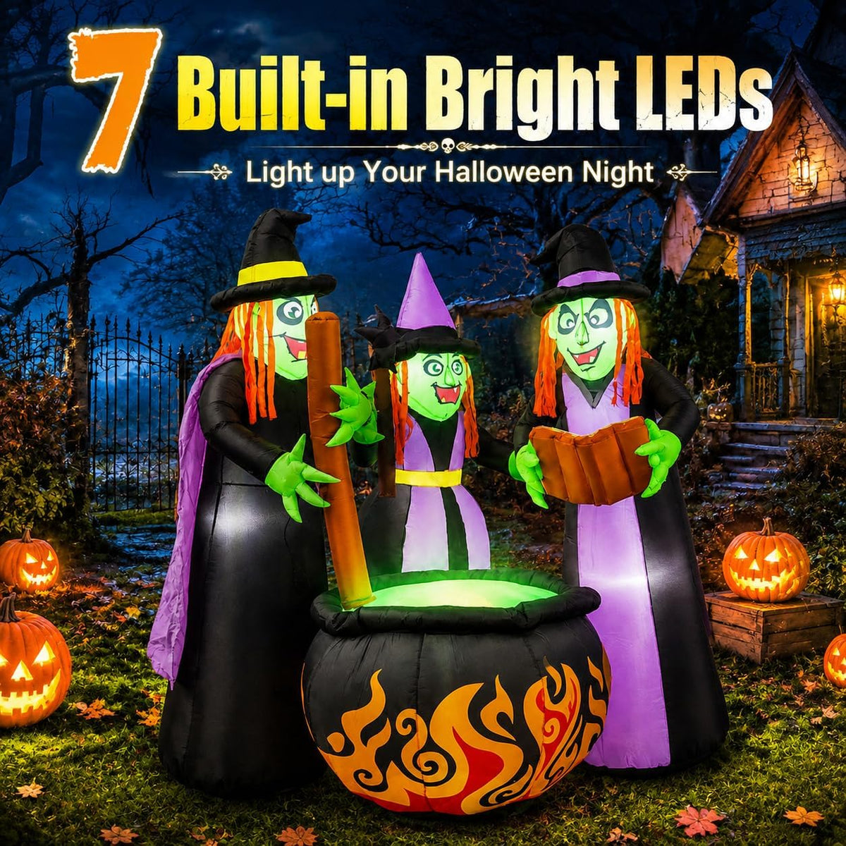 6 FT Halloween Inflatables 3 Witches Around Cauldron Outdoor Decorations, Scary Blow Ups with Build-in LED Lights, Yard Garden Decoration for Halloween Party Indoor Outdoor