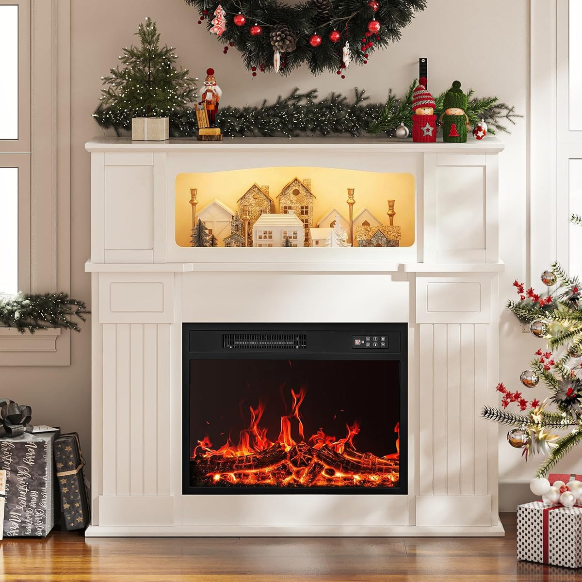 43 inch Electric Fireplace with Mantel, LED Lights Strip, White