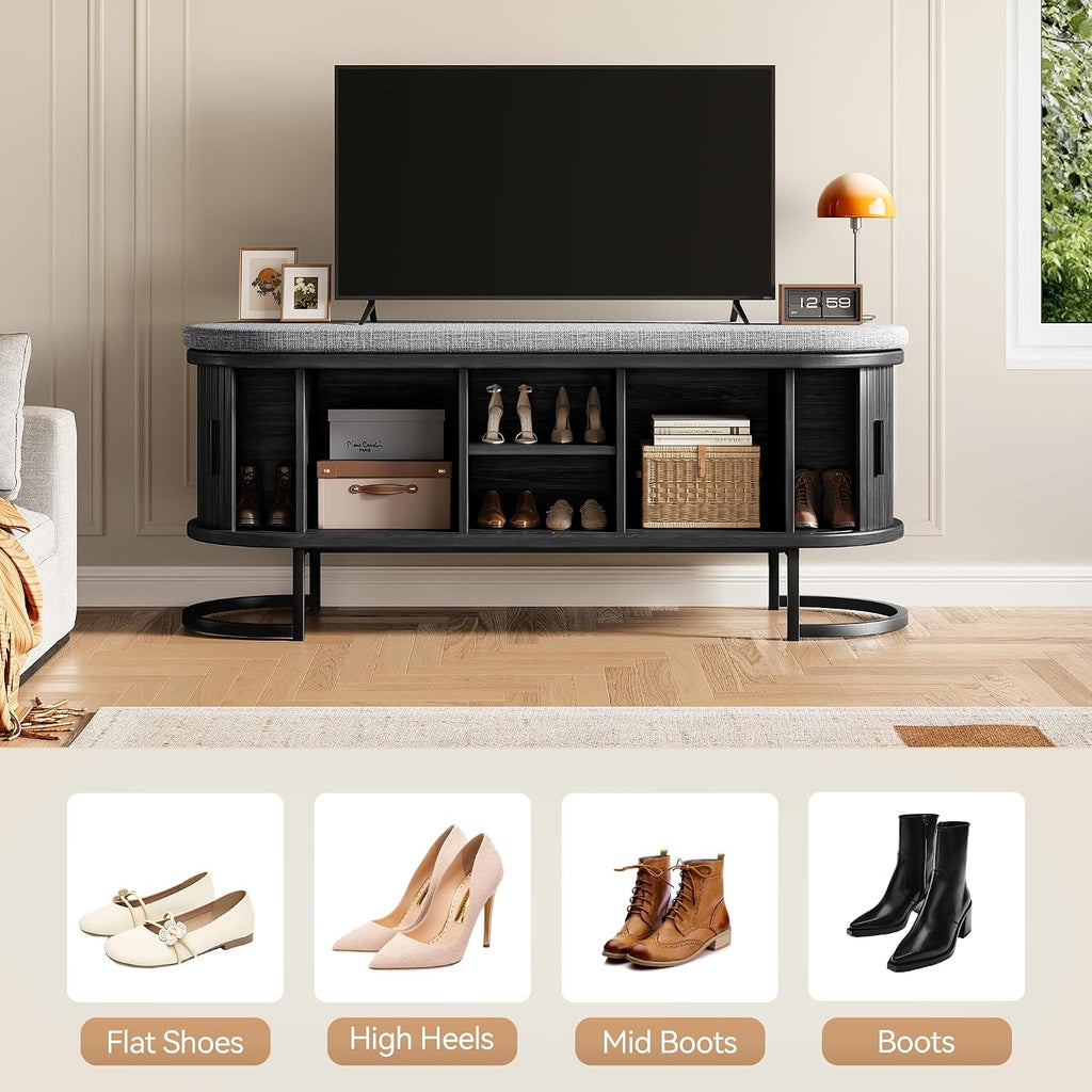 Decofy Shoe Storage Bench with Cushion and Sliding Doors, 47.2 Inch Shoe Bench with Storage, Freestanding Entryway Bench with Storage, Sturdy Metal Feet, for Hallway & Entrance Hall, Black Walnut