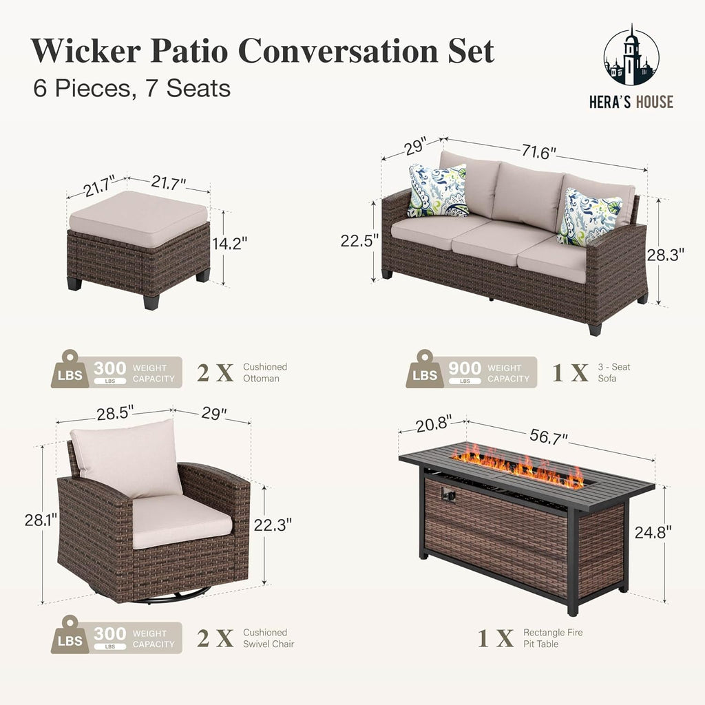 HERA'S HOUSE Swivel Glide Patio Furniture Set with Fire Pit Table Wicker