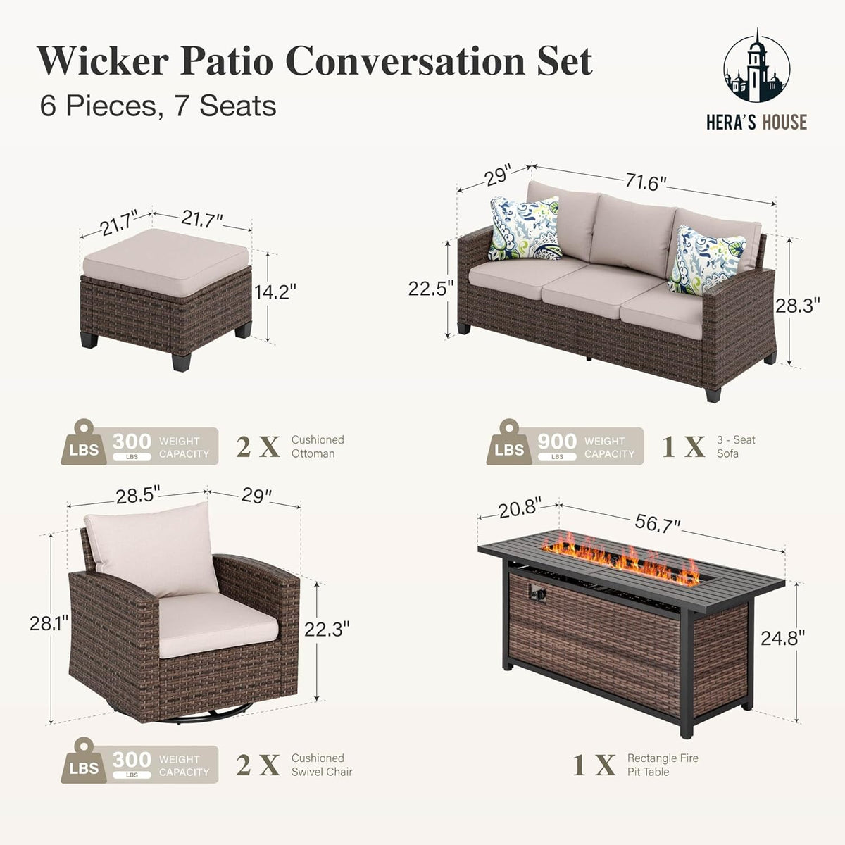 HERA'S HOUSE Swivel Glide Patio Furniture Set with Fire Pit Table Wicker