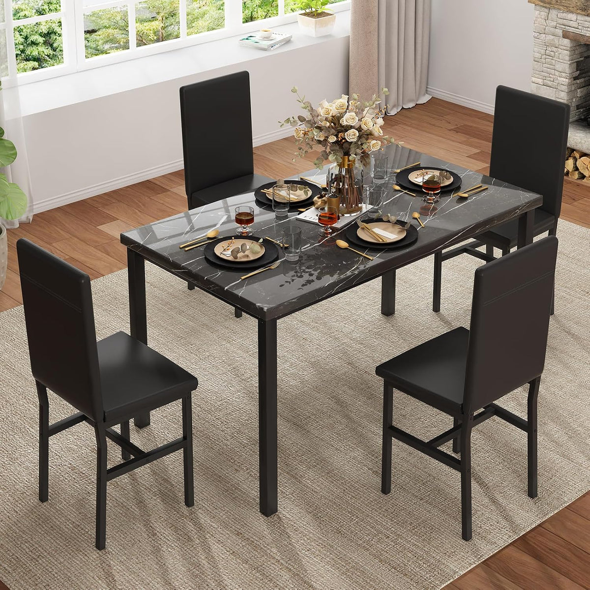 Hooseng Dining Table Set for 4, Modern Faux Marble Kitchen Table with 4 PU Leather Chairs, 5 Piece Dining Room Sets for Dinette, Breakfast Nook, Black (Set of 4)