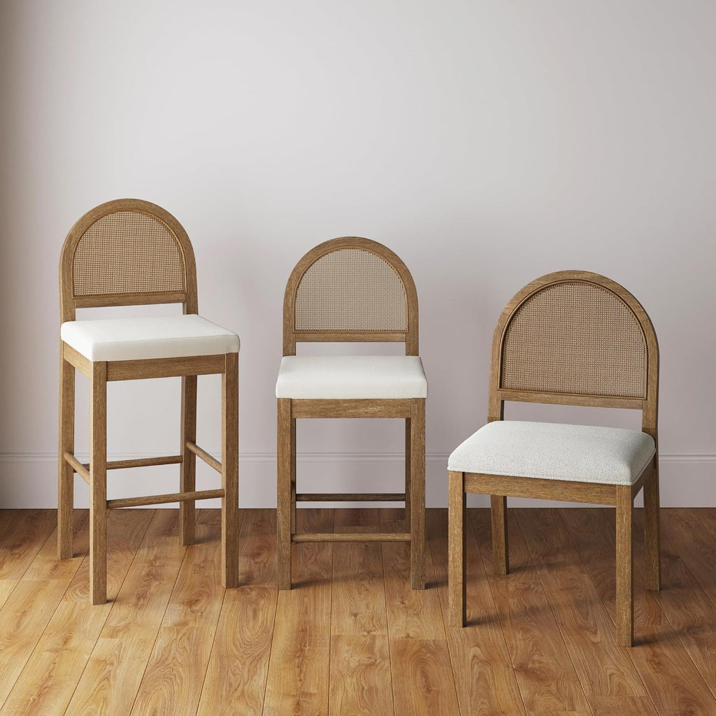 Nathan James Bailey 29 in. Boucle Bar Stool with Back, Bar Height Chair with Natural Woven Rattan Back and Solid Wood Legs, Light Brown