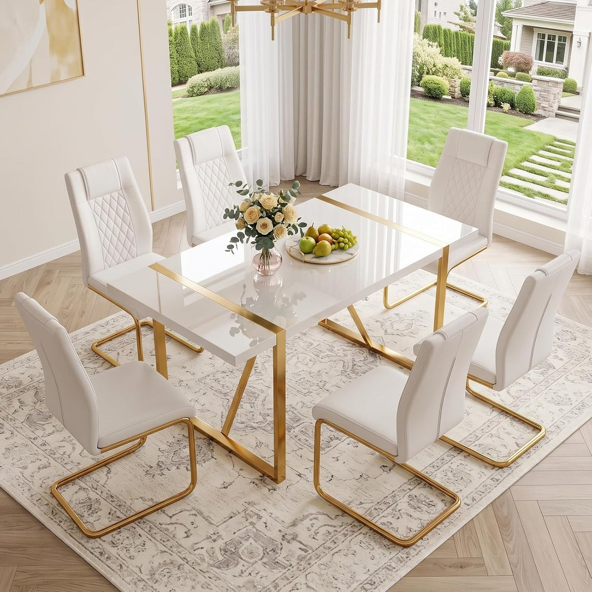 Modern Dining Table Set for 6, 55'' Dining Room Table Set with 6 Faux Leather Chairs, White Wood Tabletop with Gold Metal Legs, Suitable for Small Space