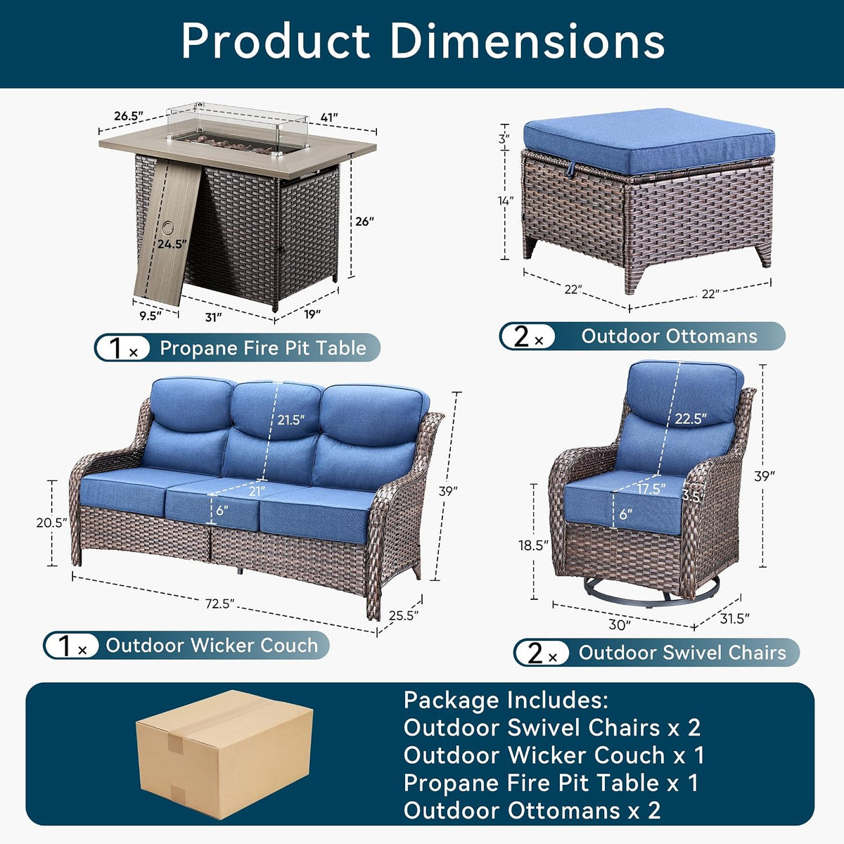 Luxury Patio Furniture Set with Fire Pit Table-6 Pieces All Weather Outdoor Swivel Rocker Chairs with Sofa and Ottomans. Outdoors Patio Conversation Sets for Porch Deck Garden Backyard(Brown/Blue)