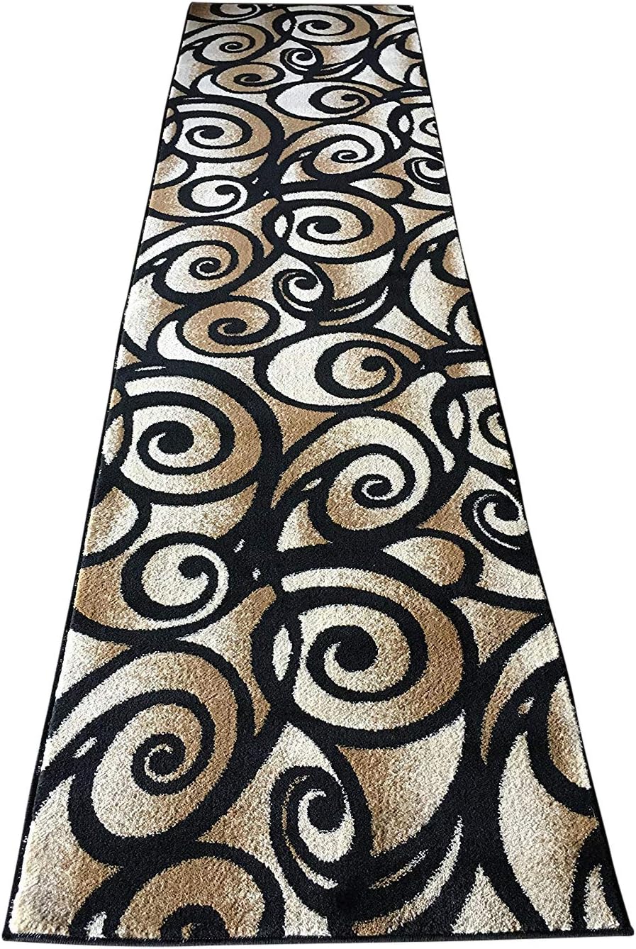 Bellagio Modern Wide Contemporary Rug Runner #341 Black (32 inch X 7 feet 3inch)
