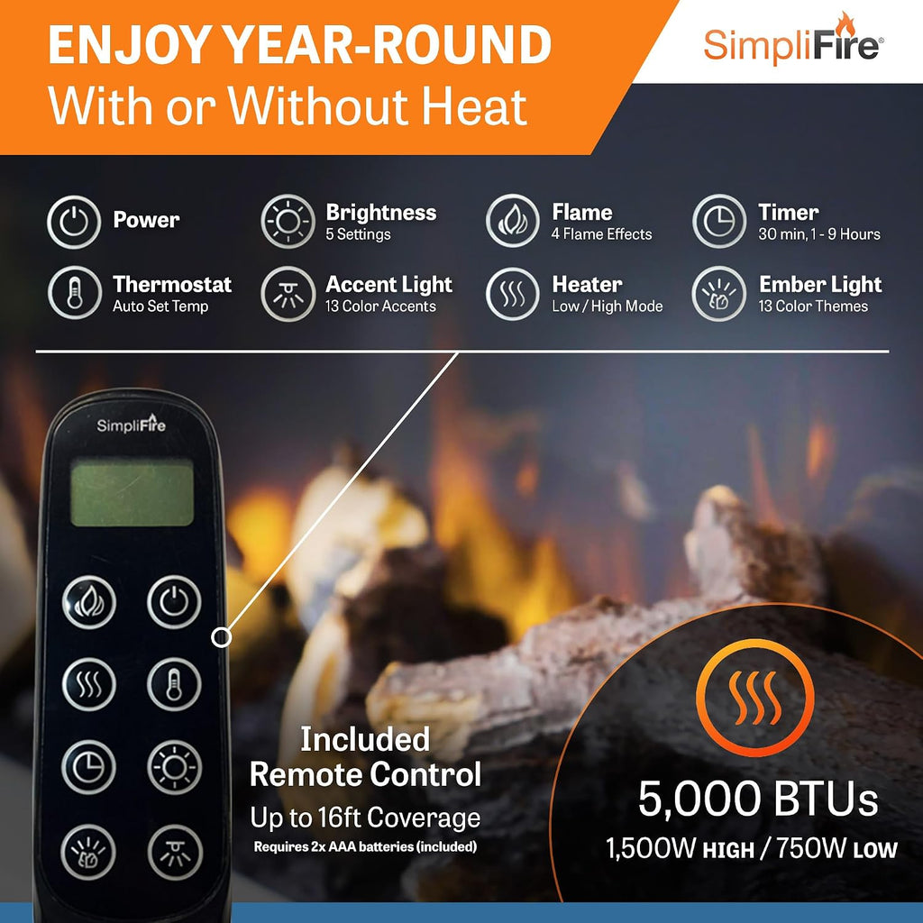 SimpliFire Format 36-Inch Wall Mount Electric Fireplace with 50-Inch Floating Mantel (SF-FORMAT36-SF-FM50-WH)