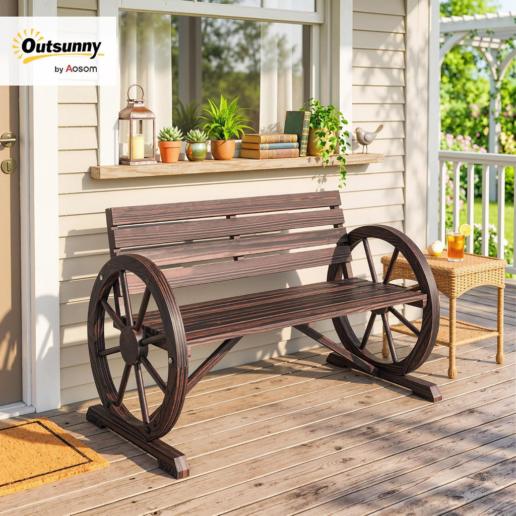 Outsunny 41" Wooden Wagon Wheel Bench Rustic Outdoor 2-Person Carbonized
