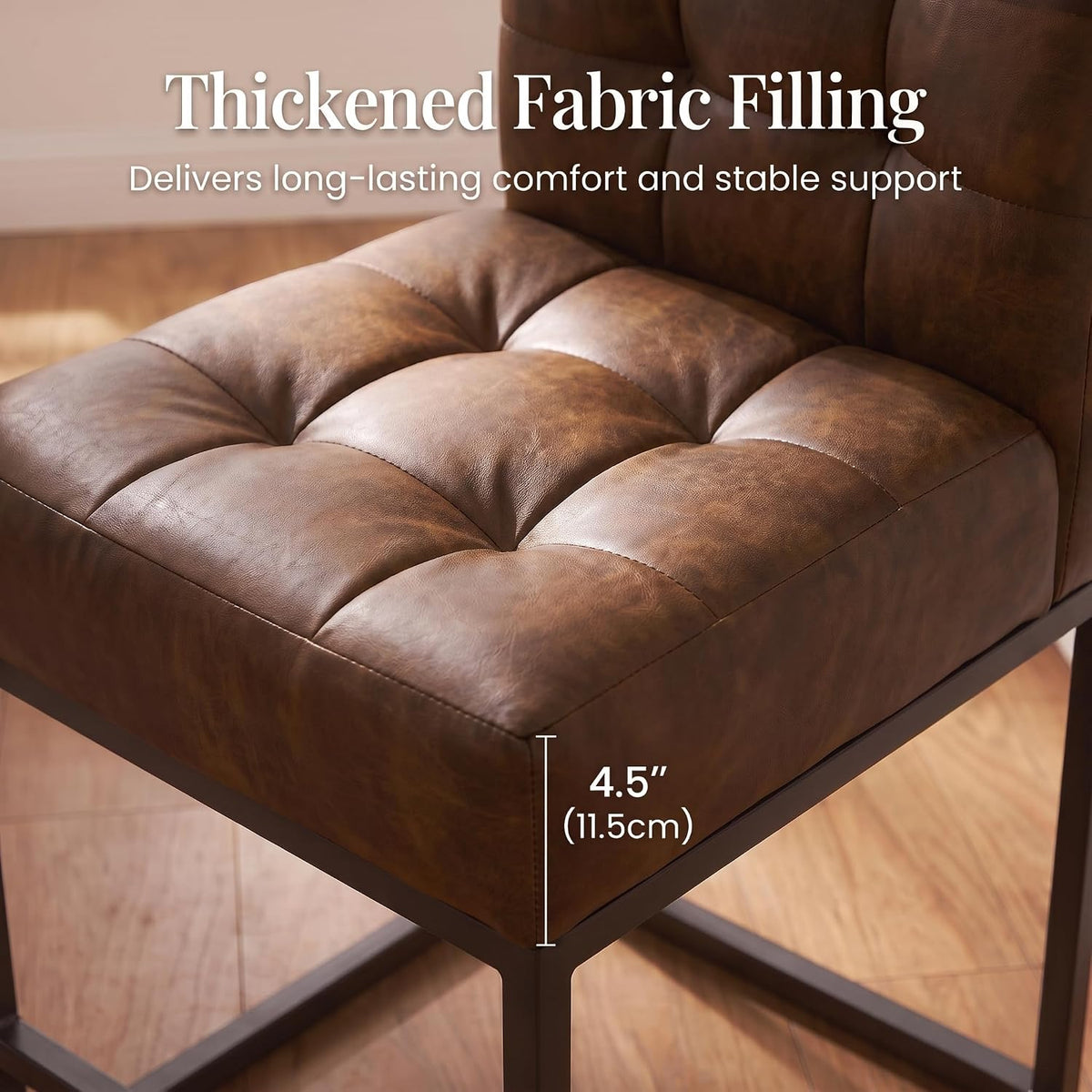 GrandNoor Modern Counter Height Bar Stools Set of 3,25'' Coffee Faux Leather Barstools with Back Sturdy Metal Legs, Checkered Wiring Thick Upholstered Counter Stools for Kitchen Island