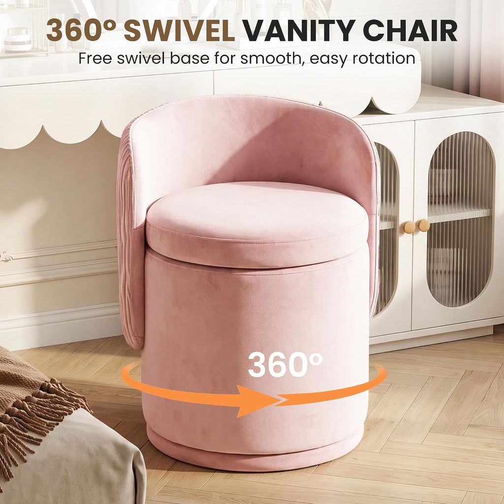 MALOL 360° Swivel Velvet Vanity Chair with Storage, Pink
