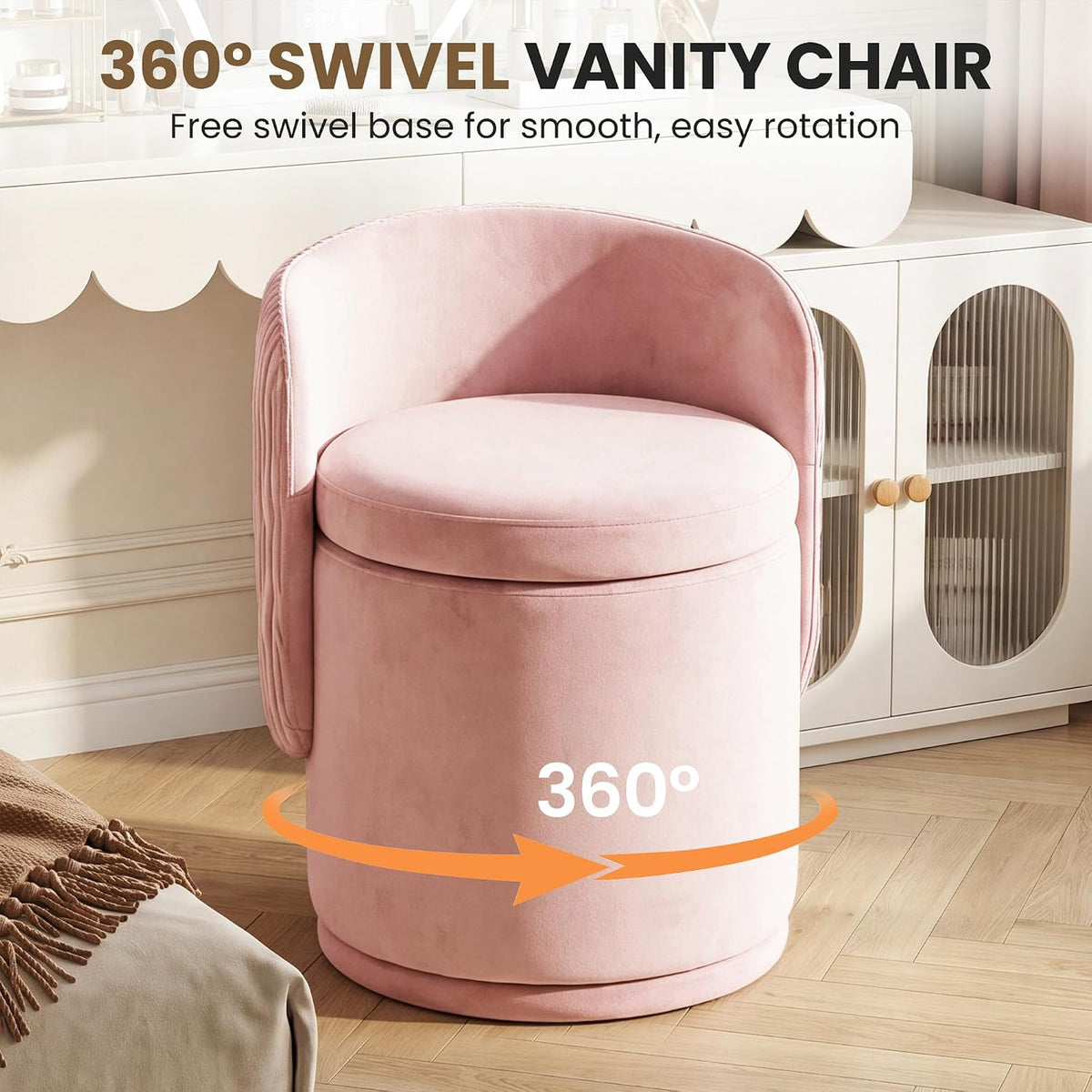 MALOL 360° Swivel Velvet Vanity Chair with Storage, Pink