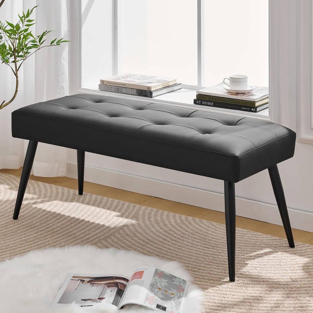 LOULENS Faux Leather Entryway Bench, Modern Upholstered Bench, Matte Black