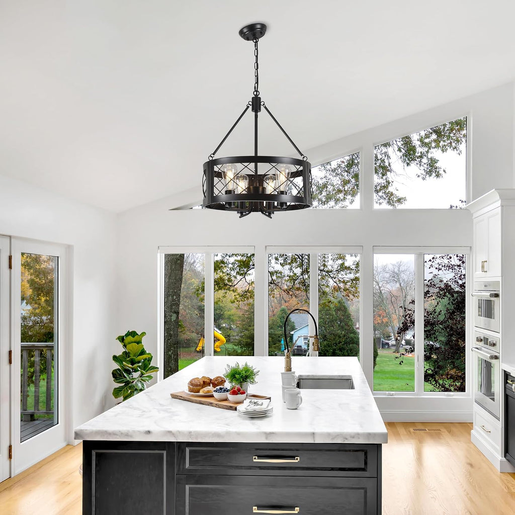black farmhouse chandelier for dining room, 18" rustic shown in use