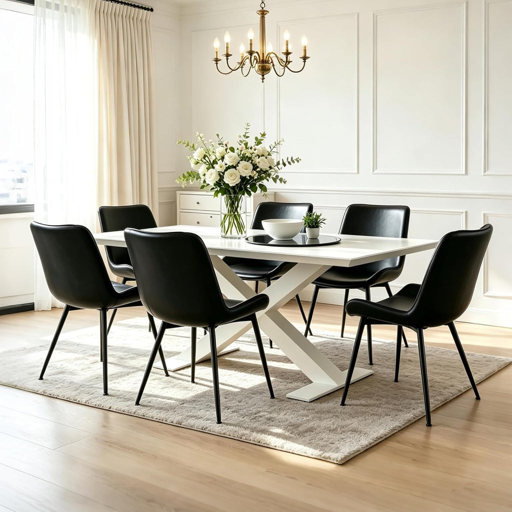 CangLong Modern Dining Chairs Set of 2, Faux Leather Upholstered Armless Accent Chairs with Soft Backrest & Metal Legs, for Living Room Meeting Room, Black