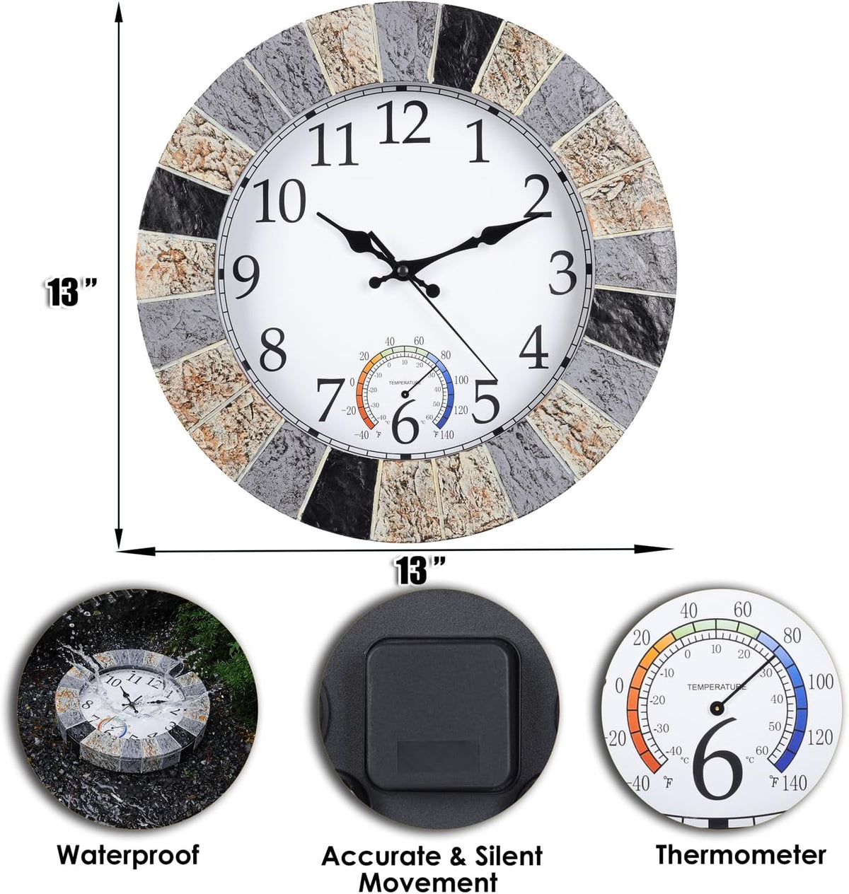 Outdoor Clock Waterproof with Thermometer, 13 Inch Silent Rustic Resin Wall Clock Weatherproof Decor for Patio Pool Garden Porch, Faux-Stone Brown