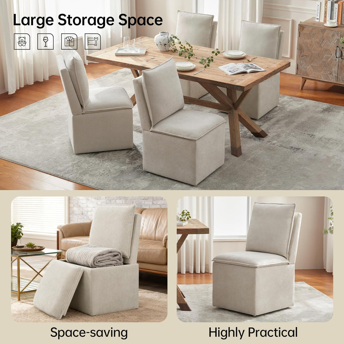 VKNOW Upholstered Dining Chairs Set of 4, Dining Room Chairs with Storage