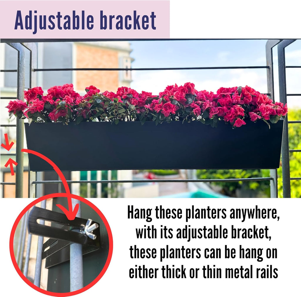 LaLaGreen Rail Planter for Balcony Outdoor (1 Pack, 40 Inch) Large Black Self Watering Railing Planters with Brackets, Rectangular Plastic Window Flower Box Simple Designer Choice with Rattan Pattern