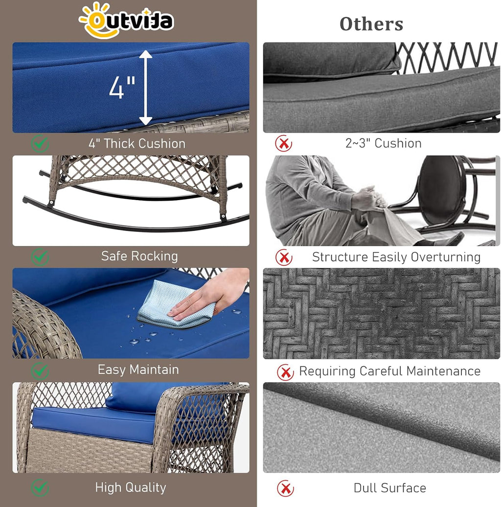 Outvita Outdoor Wicker Rocking Chair w/Cushions & Steel Frame, Navy Blue