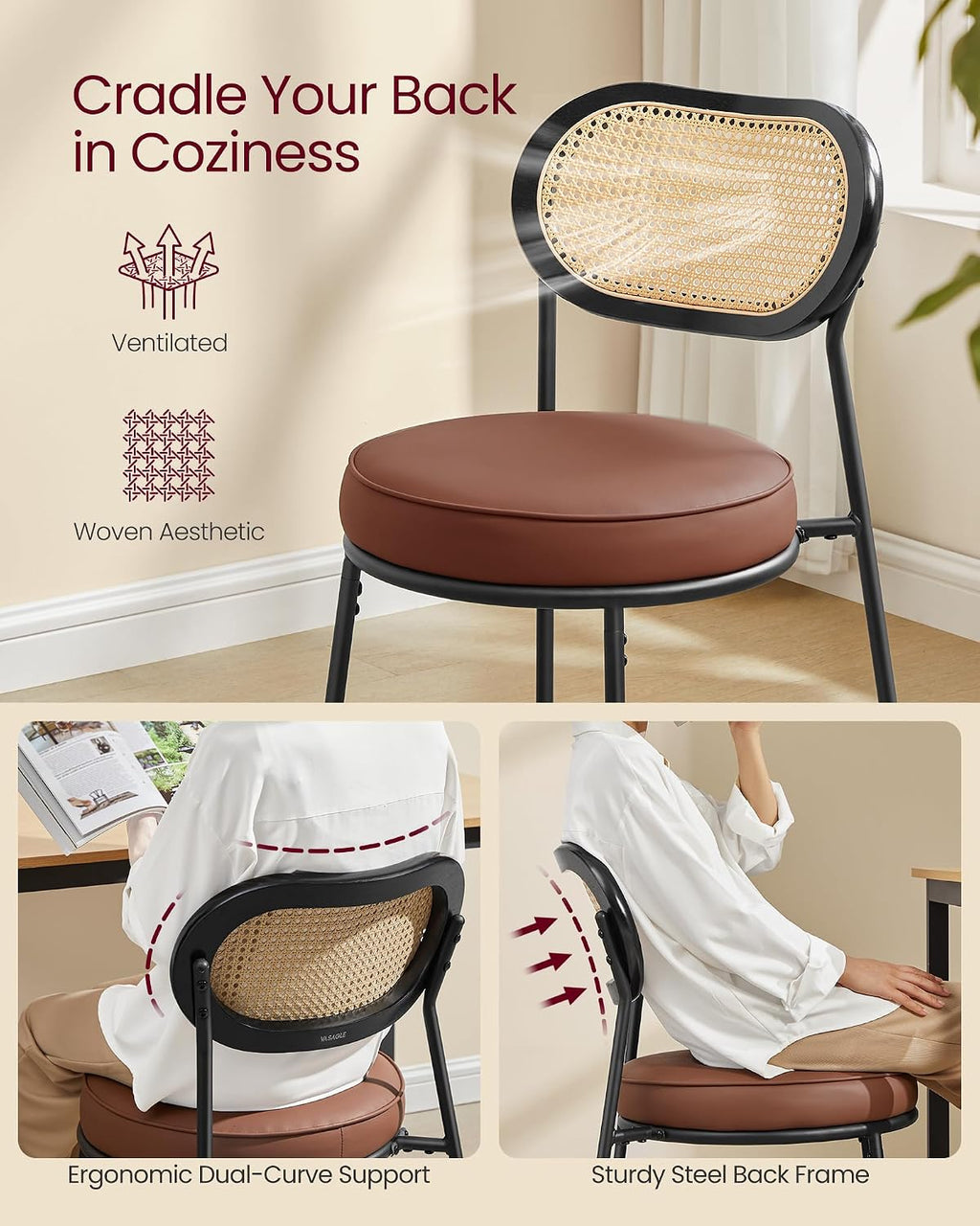 VASAGLE Dining Chairs, Set of 2, PE Rattan Back, Synthetic Leather