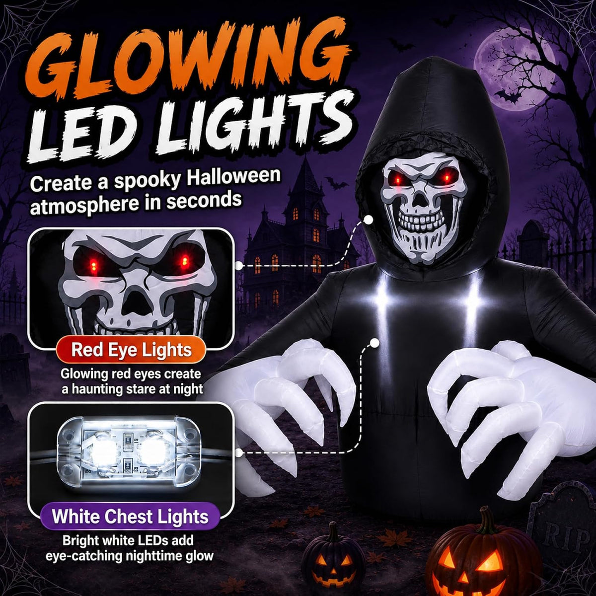 Buheco Inflatable Halloween Decorations Outside Grim Reaper 6FT Giant Scary Blow Up Skeleton Spooky Ghost Outdoor Yard Decor Inflatables Built in LED Lights for Indoor and Lawn Garden Party Holiday