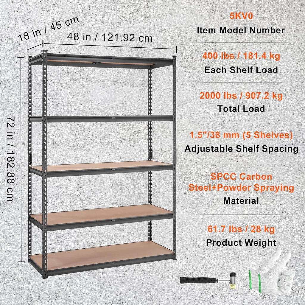 VEVOR Storage Shelves 5-Tier Adjustable 2000 lbs 48"x18"x72" Shelving Unit