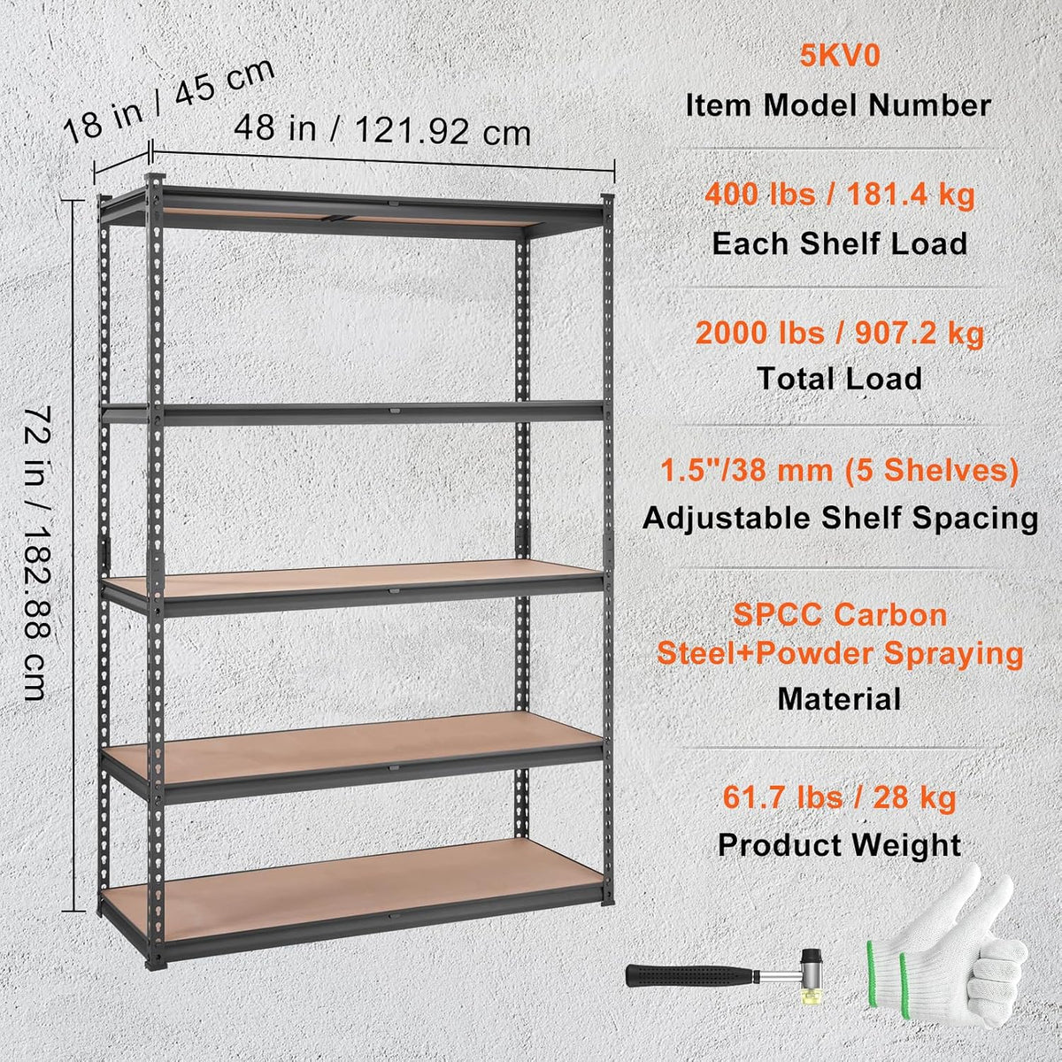 VEVOR Storage Shelves 5-Tier Adjustable 2000 lbs 48"x18"x72" Shelving Unit