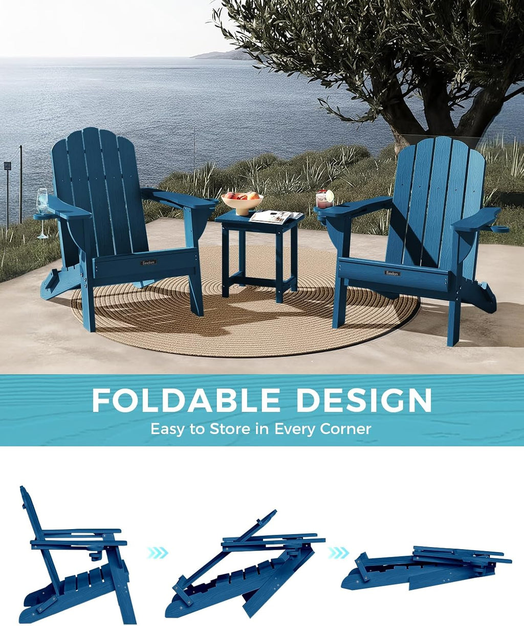 Folding Adirondack Chair, All-Weather HDPE Patio Chair with 2 Cup Holders