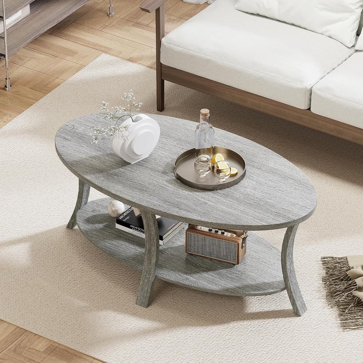 GIANTEX 44 Inch Oval Coffee Table, 2-Tier Center Table with Storage Shelf & Rubber Wood Frame, Modern Farmhouse Living Room Table for Reception Office, Gray