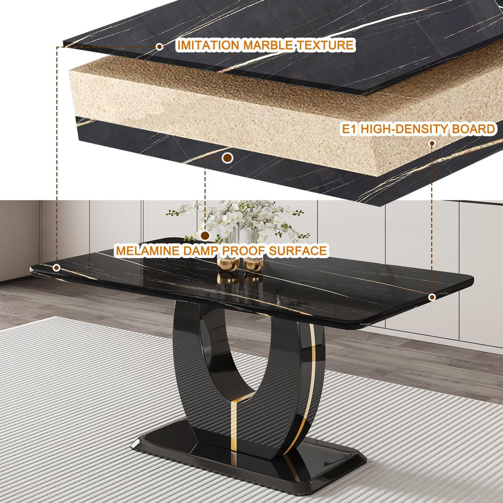 JUFU Modern Dining Table Set for 6,Rectangula Kitchen Table Set with Faux Marble Tabletop＆6 Pu Leather Upholstered Chairs Ideal for Dining Room, Kitchen