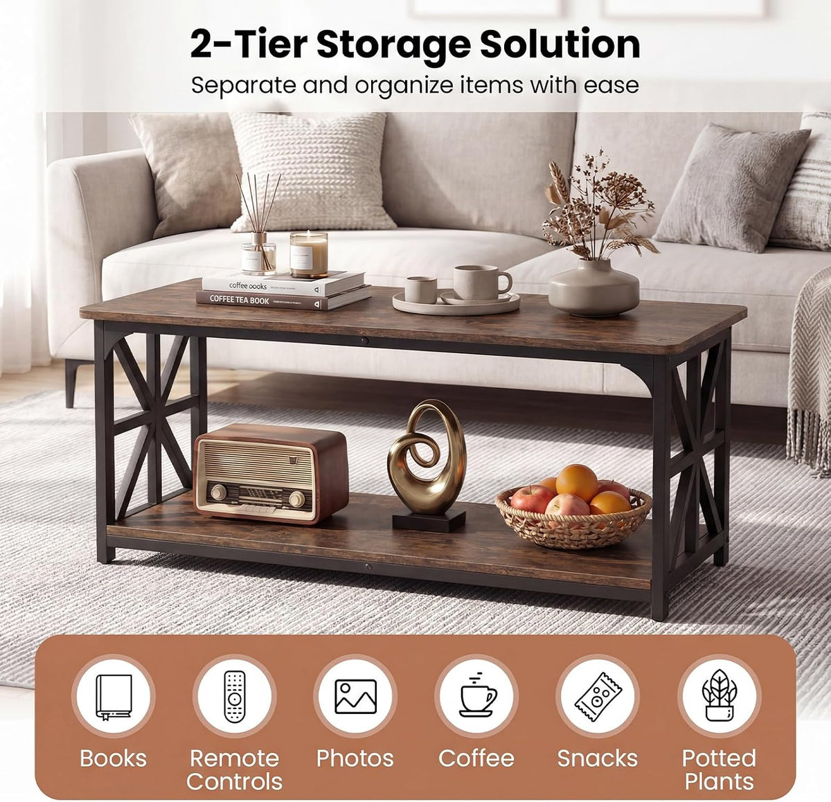 GIANTEX Farmhouse Coffee Table, 43" Center Table with Storage, Rustic Brown