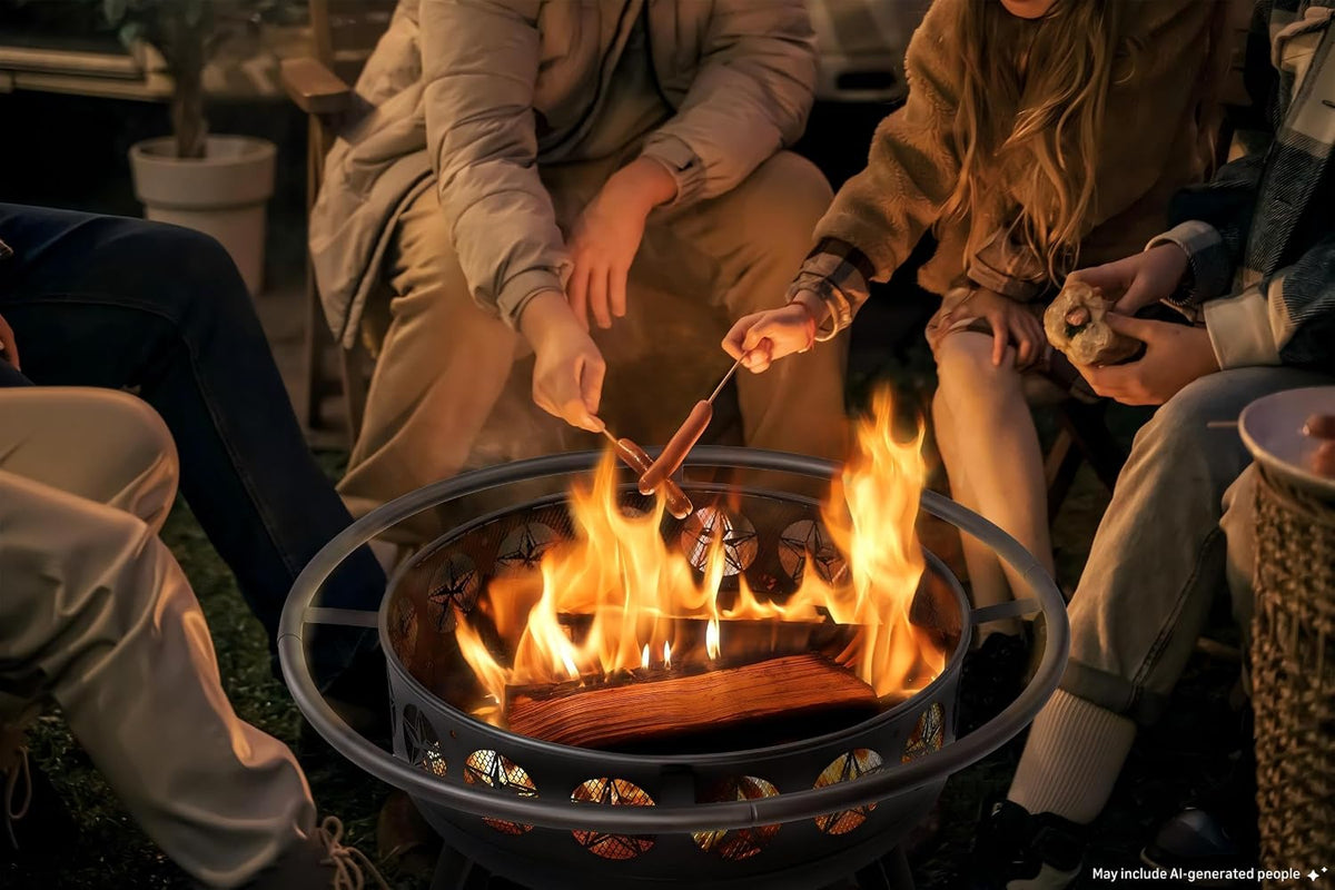 Verdeluxe 32 Inch Outdoor Fire Pit with Grill 3-in-1 Wood Burning