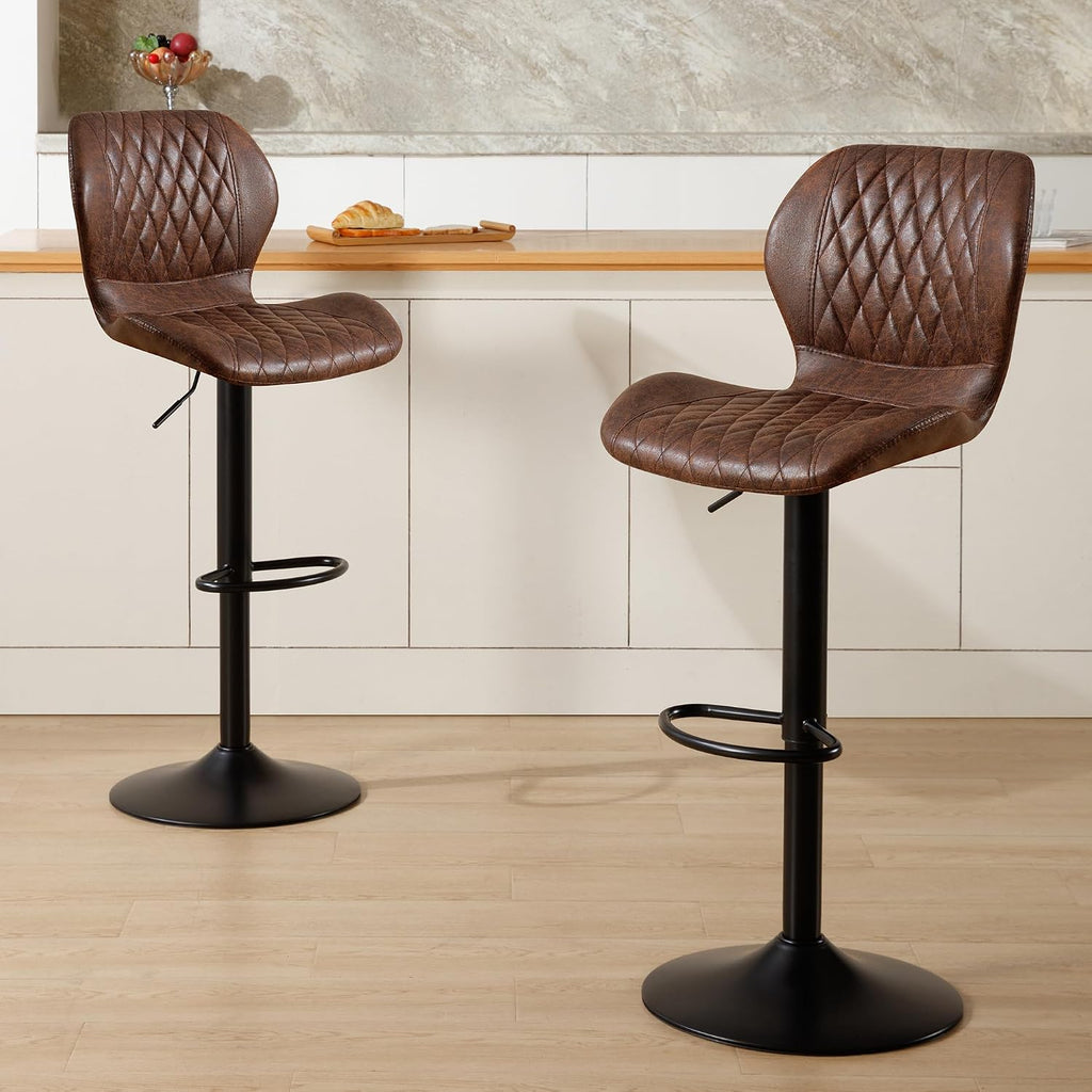 Bar Stools Set of 2, Modern Swivel Counter Height Barstools for Kitchen Island Chairs, Adjustable Fabric Bar Stools with Back for Kitchen Counter Bar, Brown