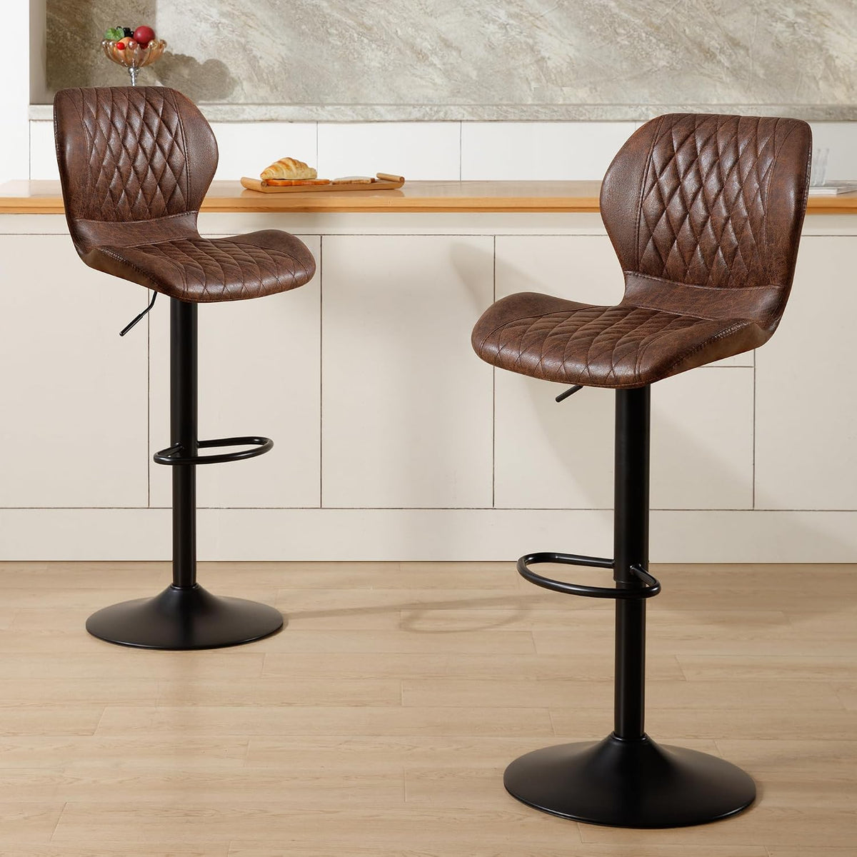 Bar Stools Set of 2, Modern Swivel Counter Height Barstools for Kitchen Island Chairs, Adjustable Fabric Bar Stools with Back for Kitchen Counter Bar, Brown
