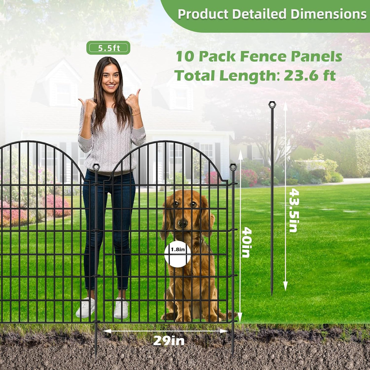 10 Panels No Dig Decorative Outdoor Garden Fence, 40in (H) x23.6ft (L)
