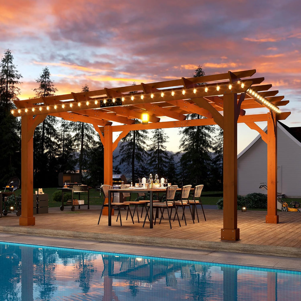 Jocisland 10x12 FT Premium Cedar Wood Pergola with Trellis Roof & Stakes