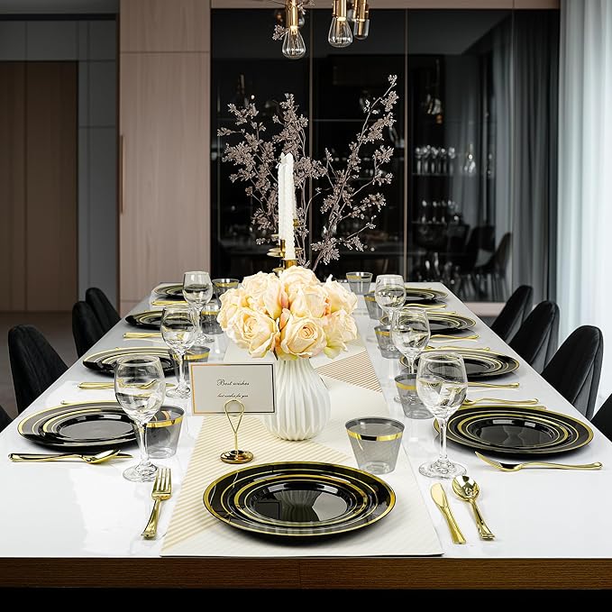 BESTVIP 350PCS Black Gold Dinnerware Set for 50 Guests, Plastic Plates for Halloween Party and Christmas, 50 Disposable Plates, 50 Dessert Plates, 50 Cups, 50 Spoons, 50 Forks and 100 Knives