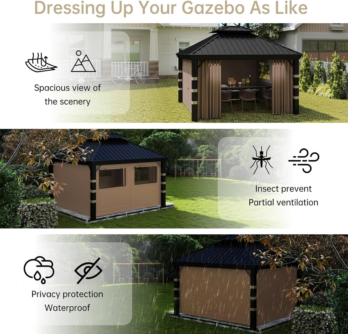 10x12 Gazebo Curtains Outdoor Waterproof, 4 Privacy Side Panels(Khaki)