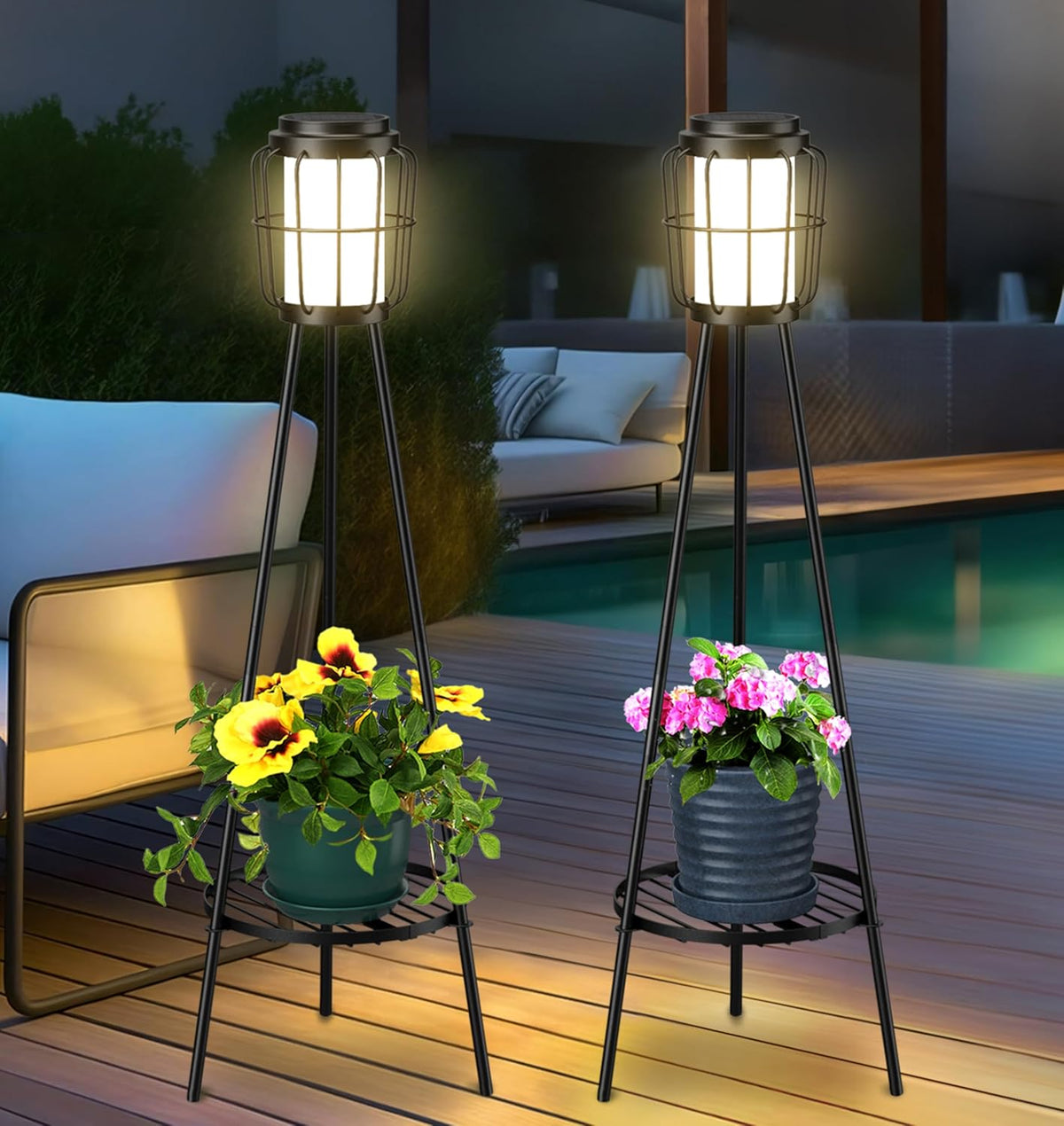 VISFLAIR 2 Pack Solar Lights with Plant Stand, Outdoor Floor Lamps, Waterproof Solar Powered Floor Lamps for Patio Deck Porch Yard Garden Decor