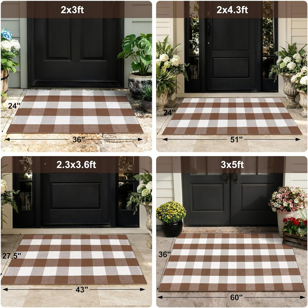 Fall Front Door Mat 3'x5' Buffalo Plaid Checkered Outdoor Rug Brown
