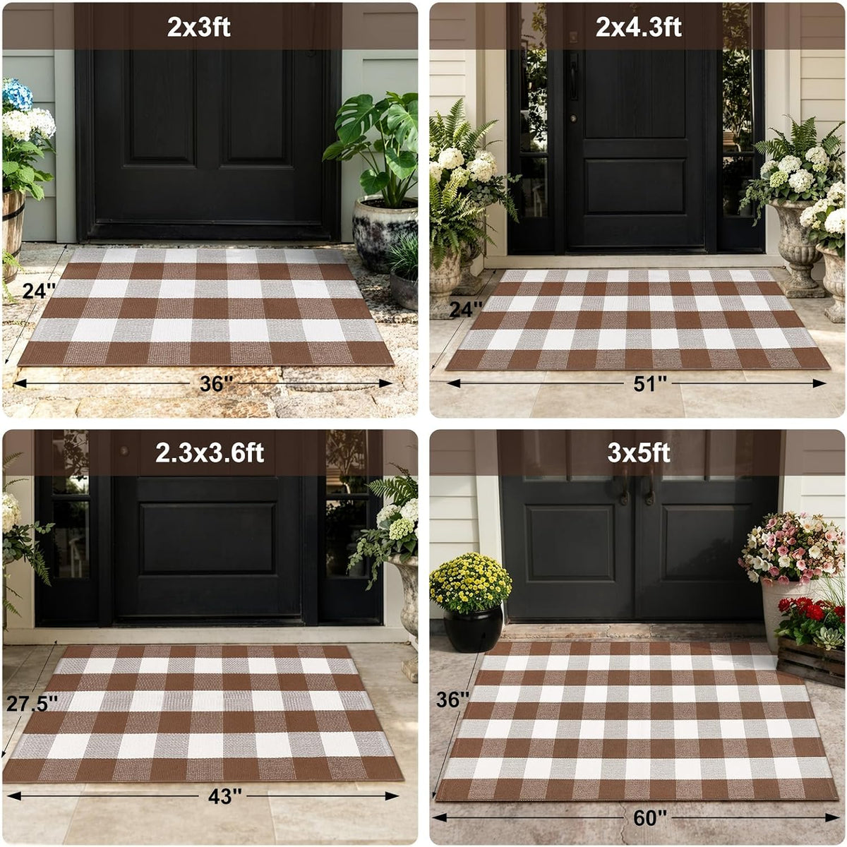 Fall Front Door Mat 3'x5' Buffalo Plaid Checkered Outdoor Rug Brown