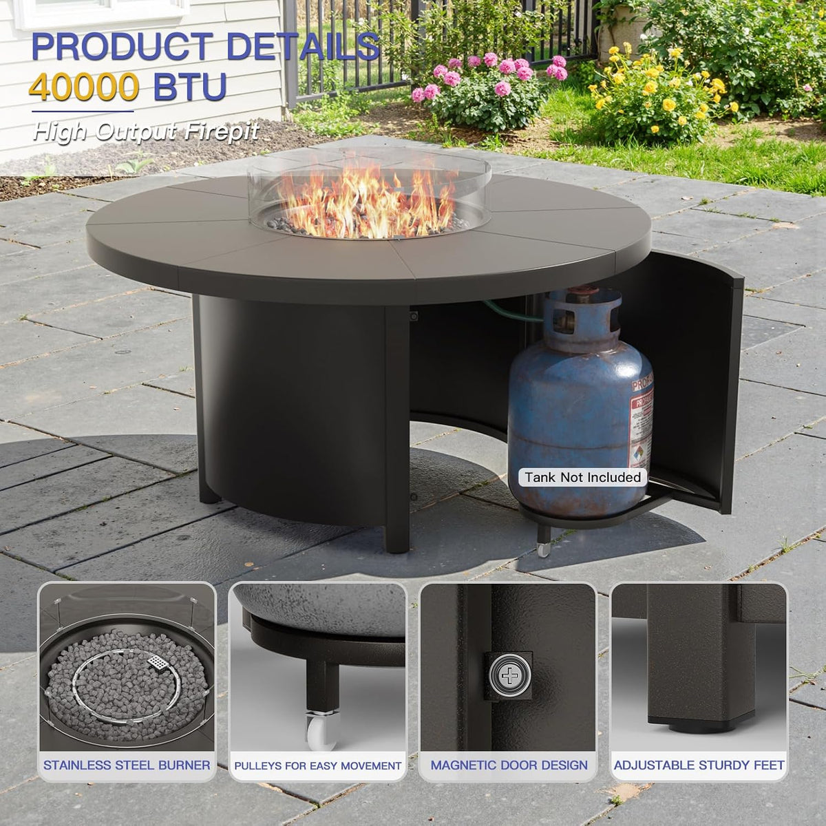 Kurapika 7 Piece Metal Outdoor Patio Furniture Set with Round Fire Pit Table, Patio Conversation Sets 6 Swivel Chairs with Thick Cushion and 40000 BTU Fire Pit Table, Sand