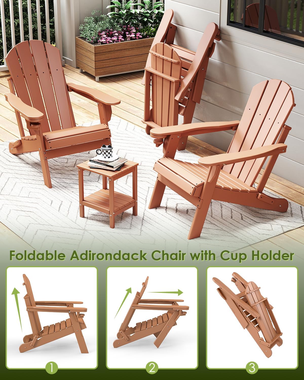 GREENVINES Folding-Adirondack-Chairs Set of 2, HDPE All Weather, Teak