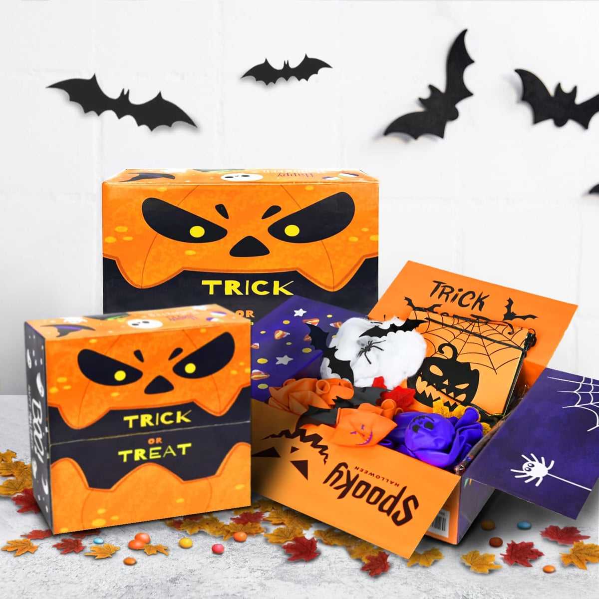 157 Pcs Halloween Party Decorations Kit, 43" Giant Tree Balloon, 4 Balloon Boxes, Happy Halloween Banner, 60 pcs Balloons, Artificial Leaves