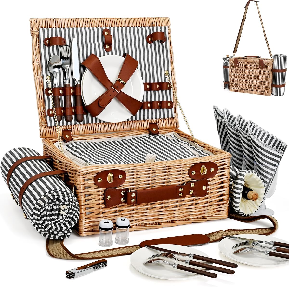 Picnic Basket with Blanket and Wine Pouch for 4, Wicker Picnic Set with Insulated Liner Cooler Bag Hamper for Camping,Wedding - Stripes
