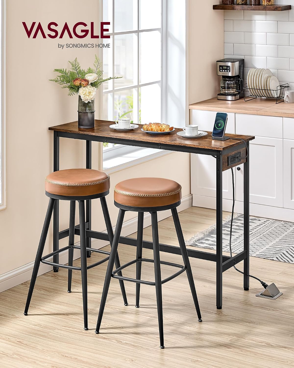 VASAGLE Bar Table with Power Outlets, Computer Desk, 47.2" W