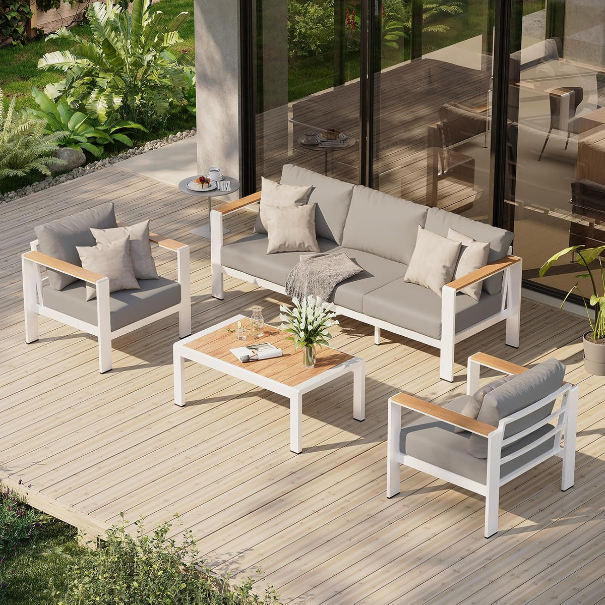 Aluminum Outdoor Patio Furniture Set with Coffee Table, 4 Piece Outdoor Conversation Sets with Washable Thick Cushions, Patio Sectional Furniture Set for Porch, Balcony, Deck, White