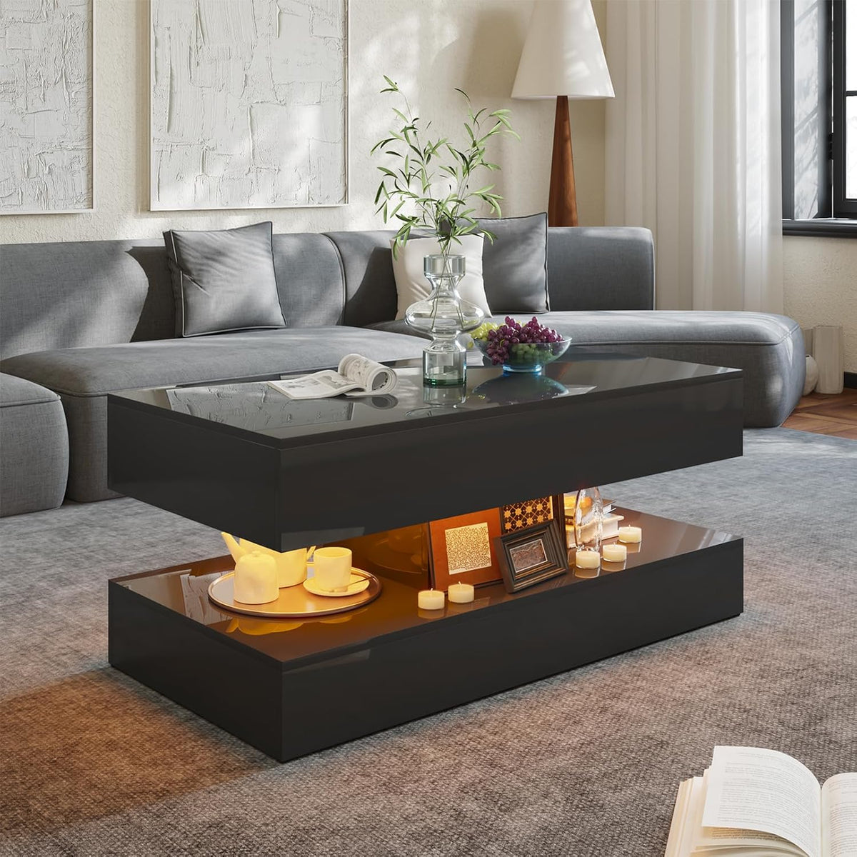 OC Orange-Casual Modern High Gloss LED Coffee Table, 2-Tier Center Table