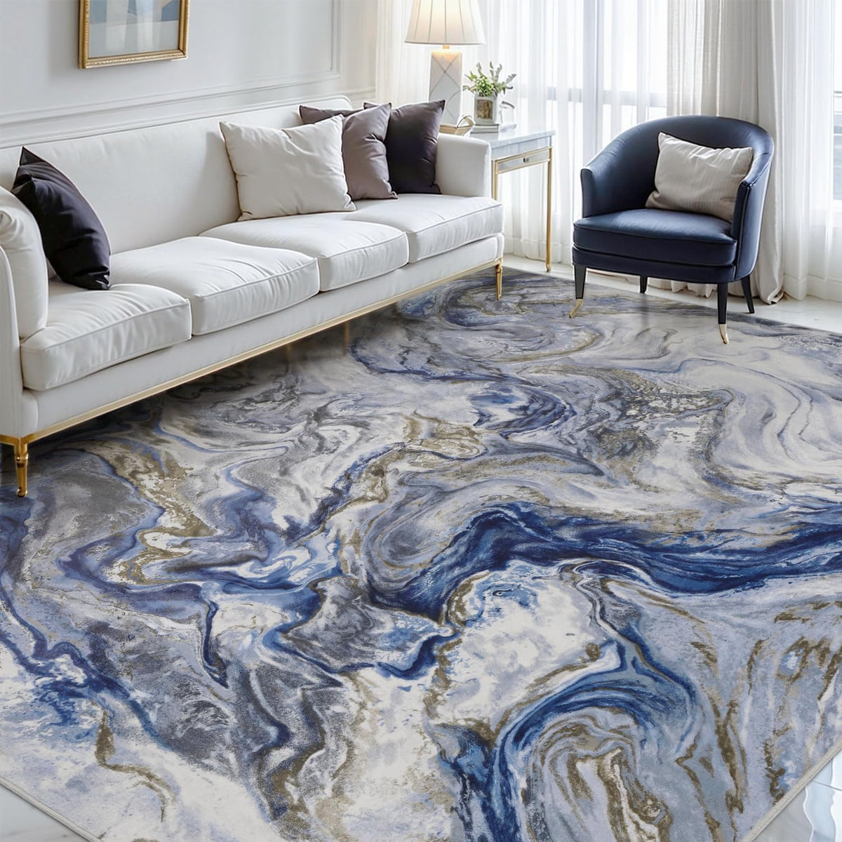 PADOOR Abstract 9'x12' Area Rug, Washable Non-Slip Low Pile, Marble Blue