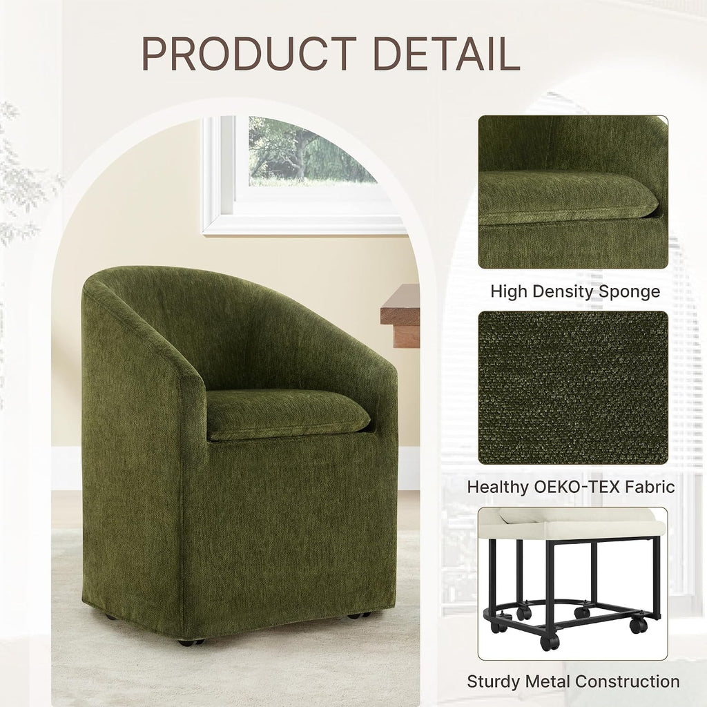KISLOT Upholstered Dining Chairs Set of 2 with Casters, Moss Green